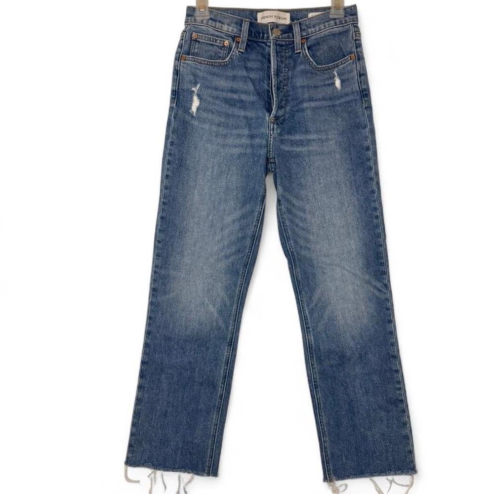 26 Denim Forum The Arlo High Rise Straight 28L Medium Blue Wash Frayed Hem Jeans